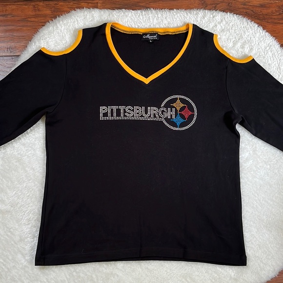Pittsburgh Steelers Rhinestone Bling Cold Shoulder Top - Picture 1 of 8
